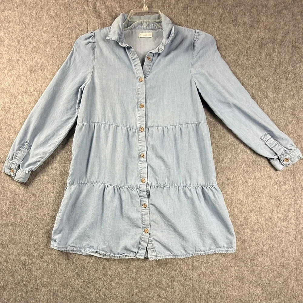 Mango‎ MNG Kids Girls Blue Lyocell Tiered Chambray Shirt Dress Size 13-14